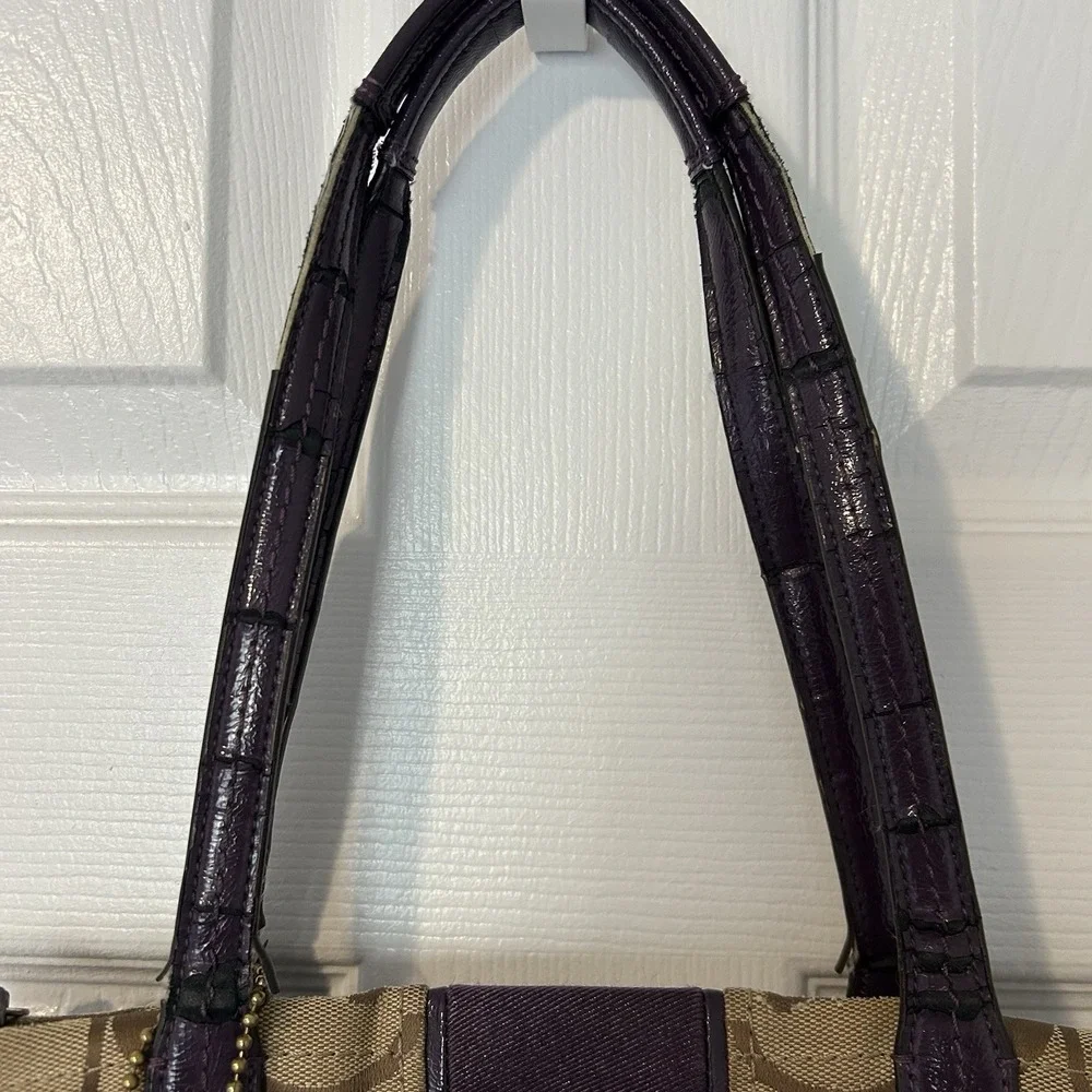 Coach Signature Stripe Satchel With Patent‎ Leather Trim Purple Bag